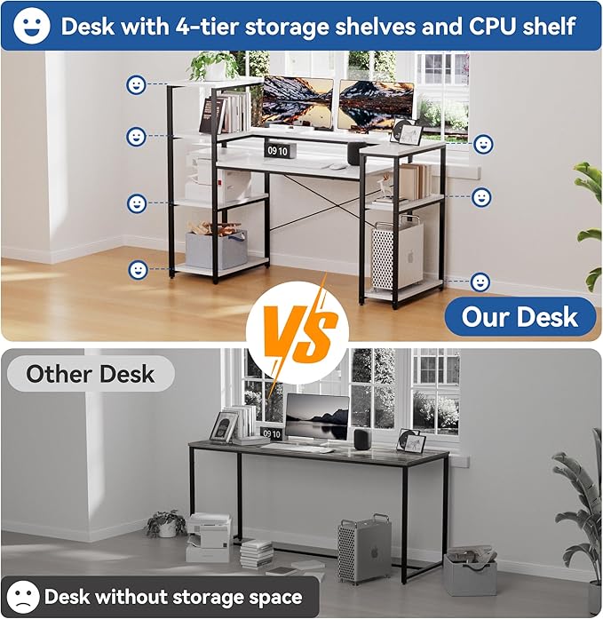 63-Inch Computer Desk with Printer Shelf, Teen Desk, Home Office Desk with Monitor Stand and Bookshelf for Study, Writing, PC Work, Gaming - LeafyLoom