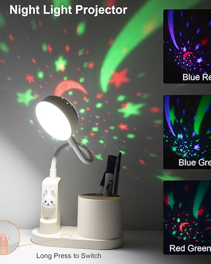 Cute Kids Desk Lamp 2000mAh Rechargeable Kawaii Desk Lamp with Star Projection & Pen Holder, Aesthetic Kids Bedside Lamp with Flexible Gooseneck/ 3 Level Brightness/Eye-Caring for Reading, Study - LeafyLoom