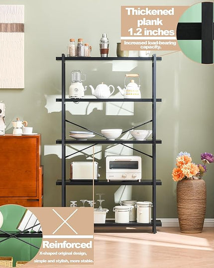 HCHQHS Bookshelf, 5-Tier Industrial Bookcase, Black Open Book Shelf, Freestanding Tall Bookshelves with Metal Frame - LeafyLoom