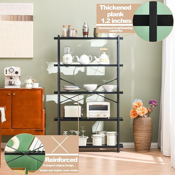 HCHQHS Bookshelf, 5-Tier Industrial Bookcase, Black Open Book Shelf, Freestanding Tall Bookshelves with Metal Frame - LeafyLoom