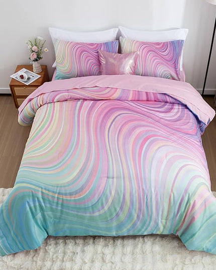 Btargot Super Soft 6 Pieces Gradient Wavy Line Comforter Set, Colorful Glitter Rainbow Star Pattern Bedding Set for Boys Girls Teens, Queen Pink Green - LeafyLoom