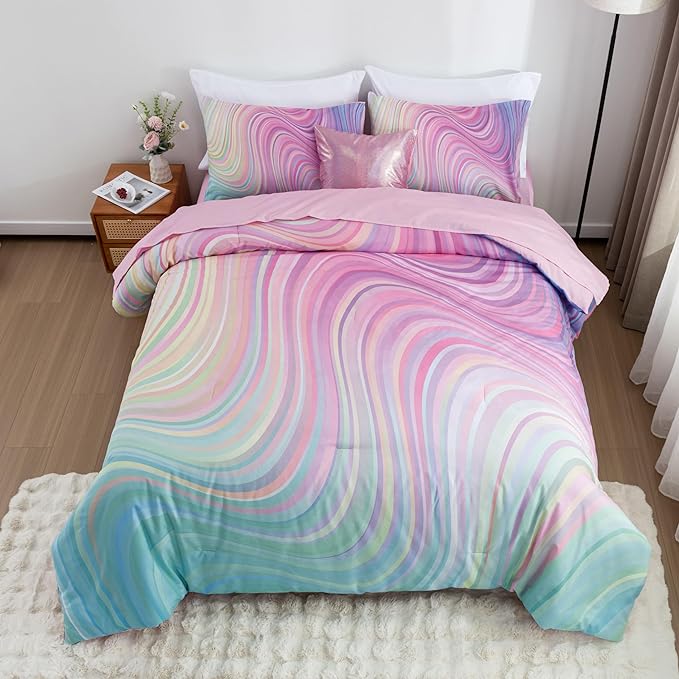 Btargot Super Soft 6 Pieces Gradient Wavy Line Comforter Set, Colorful Glitter Rainbow Star Pattern Bedding Set for Boys Girls Teens, Queen Pink Green - LeafyLoom