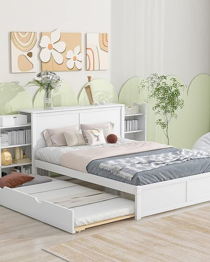 Queen Size Bed Frame with Headboard and Twin XL Trundle, Wood Queen Size Platform Bed with Pull Out Storage Shelves Headboard for Bedroom, White - LeafyLoom
