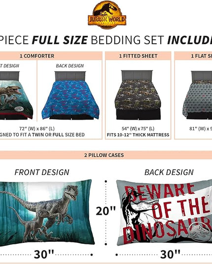 Franco Kids Bedding Super Soft Comforter and Sheet Set, 5 Piece Full Size, Jurassic World Dominion - LeafyLoom