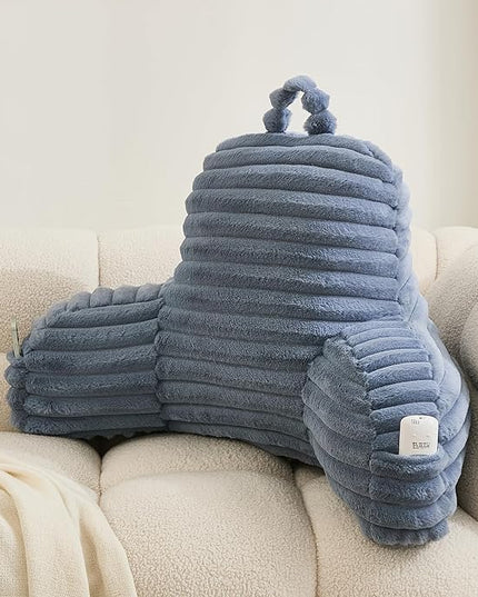 WERDIM Reading Pillow for Sitting in Bed, Faux Fur Back Pillow for Bed Rest, Bed Chair Pillow with Arms and Pockets(Large, Dusty Blue) - LeafyLoom