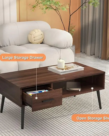 HAIOOU Coffee Table, Mid Century Modern Style Cocktail Table TV Stand with Drawer, Open Storage Shelf, Stable Floor-Anti-Scratching Pine Leg for Home, Office, Living Room - Walnut - LeafyLoom