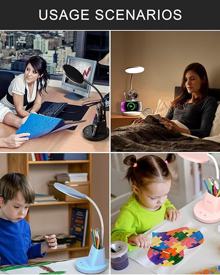 Desk Lamp for Home Office, LED Desk Lamp with Wireless Charger Pen Phone Holder, Dimmable Desk Light 3 Color Modes, College Dorm Study Lamp for College Dorm, CRI 90 800 Lumen - LeafyLoom