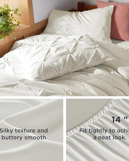 Bedsure Twin XL Comforter Set - Extra Long 5 Pieces Dorm Bedding Sets, Pinch Pleat Ivory Bed in a Bag with Comforter, Sheets, Pillowcase & Sham - LeafyLoom