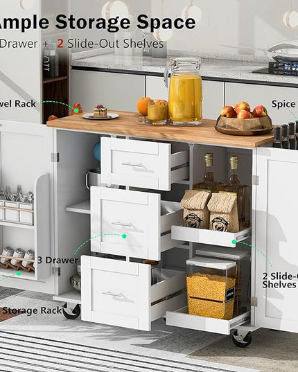Kitchen Island with Storage, Spice Rack & Tower Rack, Mobile Rolling Kitchen-Cart on Wheels w/Rubber Wood Top, 3 Drawer, 2 Slide-Out Shelf and Internal Storage Rack - LeafyLoom