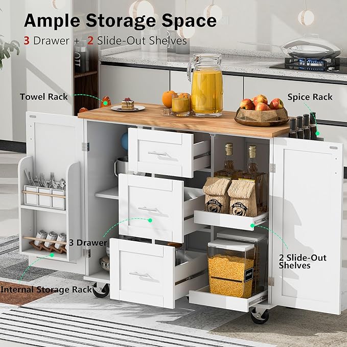 Kitchen Island with Storage, Spice Rack & Tower Rack, Mobile Rolling Kitchen-Cart on Wheels w/Rubber Wood Top, 3 Drawer, 2 Slide-Out Shelf and Internal Storage Rack - LeafyLoom