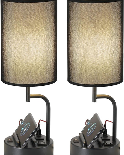 Dreamholder Table Lamp with 3 USB Charging Ports, Modern Desk Lamp with AC Outlet and Phone Stands, Perfect Bedside Lamp for Bedroom, Living Room, Office (Pack of 2), Black - LeafyLoom