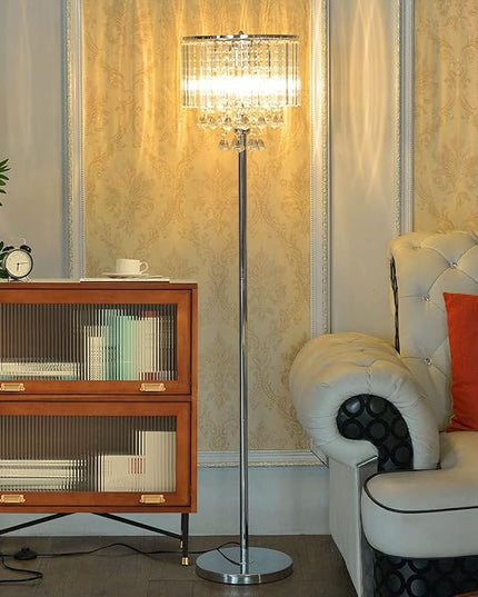 Modern Elegance Crystal Floor Lamp, On/Off Foot Switch, Crystal & Glass 3-Lights Standing Light, Reading Corner Lamp for Office Cafe, Den, Living Room Bedroom Chrome Finish - LeafyLoom