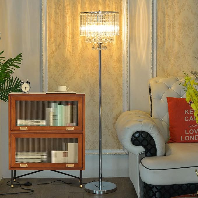Modern Elegance Crystal Floor Lamp, On/Off Foot Switch, Crystal & Glass 3-Lights Standing Light, Reading Corner Lamp for Office Cafe, Den, Living Room Bedroom Chrome Finish - LeafyLoom