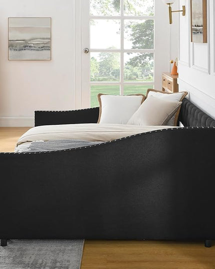 Full Size Daybed with 2 Drawers, Upholstered Tufted Day Bed, with Button Back and Waved Shape Arms, Wood Slat Support, No Spring Box Need, for Bedroom, Livingroom - LeafyLoom