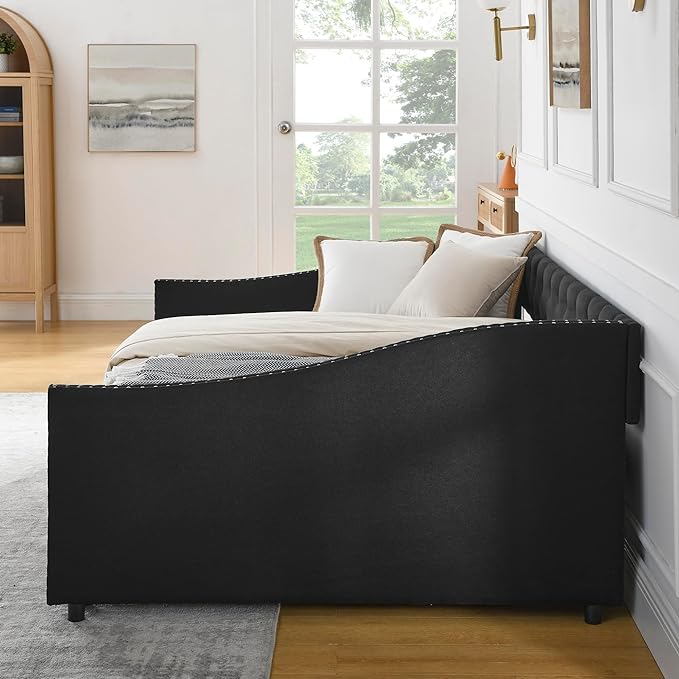 Full Size Daybed with 2 Drawers, Upholstered Tufted Day Bed, with Button Back and Waved Shape Arms, Wood Slat Support, No Spring Box Need, for Bedroom, Livingroom - LeafyLoom