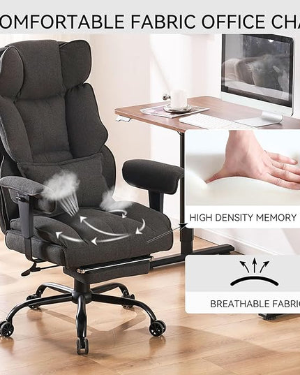 Fabric Office Chair, Big and Tall Office Chair 400 lb Weight Capacity, High Back Executive Office Chair with Foot Rest, Ergonomic Office Chair for Back Pain Relief, Dark Grey - LeafyLoom