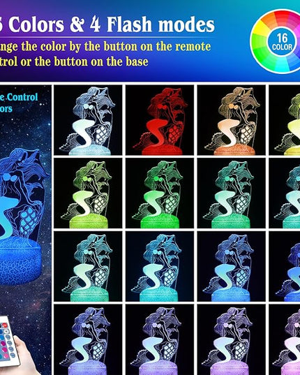 Mermaid Night Light,Gifts for Girls, 3D Illusion Lamp,Kids Bedside Lamp,16 Color Change Decor Lamp with Remote & Smart Touch, Gifts for Christmas Birthday - LeafyLoom