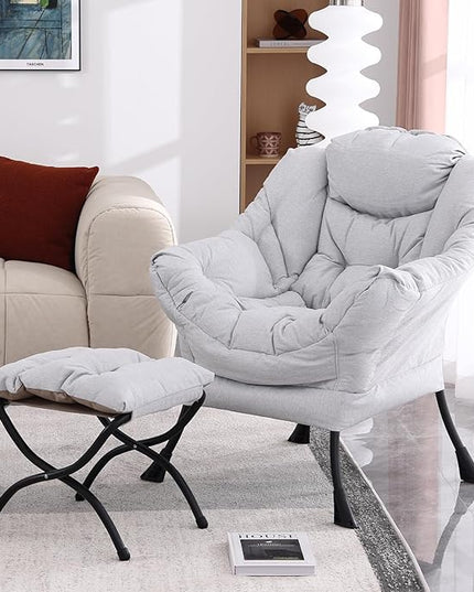 Lazy Chair with Ottoman, Modern Soft Reading Chair Accent Contemporary Lounge Leisure Sofa Chair with Armrests and a Side Pocket for Living Room, Bedroom, Dorm & Office, Light Grey - LeafyLoom