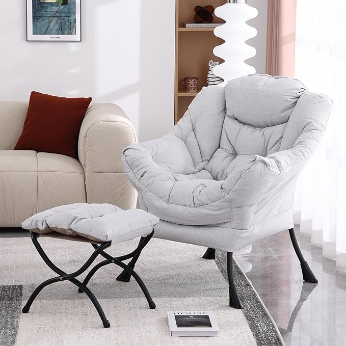 Lazy Chair with Ottoman, Modern Soft Reading Chair Accent Contemporary Lounge Leisure Sofa Chair with Armrests and a Side Pocket for Living Room, Bedroom, Dorm & Office, Light Grey - LeafyLoom