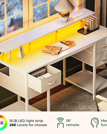 55 inch Computer Desk with 4 Drawers, Gaming Desk with LED Lights & Power Outlets, Home Office Desk with Large Storage Space for Bedroom, Work from Home, White - LeafyLoom