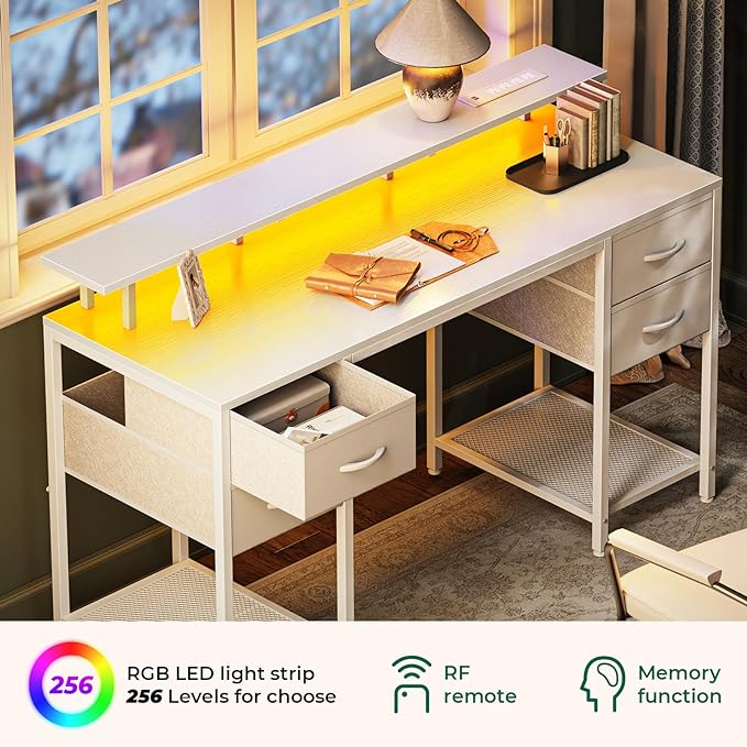 55 inch Computer Desk with 4 Drawers, Gaming Desk with LED Lights & Power Outlets, Home Office Desk with Large Storage Space for Bedroom, Work from Home, White - LeafyLoom