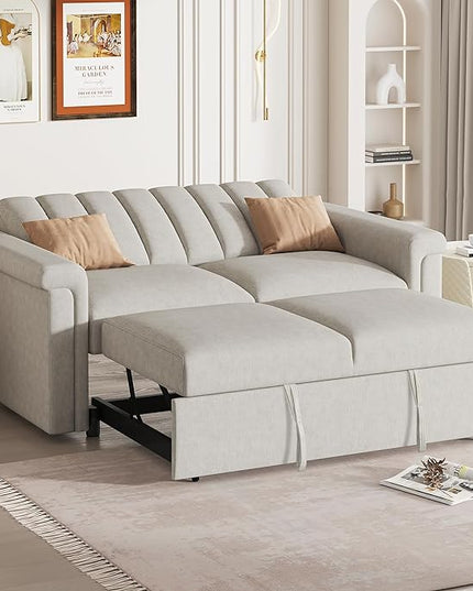 3 in 1 Oversized Convertible Loveseat Sleeper Sofa Bed,Contemporary Channel Tufted Love Seats Sofabed W/Pull Out Sleep Couch,Thicker Cushions and Padded Armrests for Living Room, 61", Beige-368 - LeafyLoom