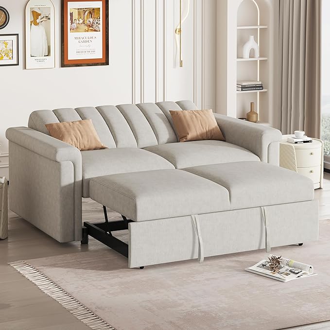 3 in 1 Oversized Convertible Loveseat Sleeper Sofa Bed,Contemporary Channel Tufted Love Seats Sofabed W/Pull Out Sleep Couch,Thicker Cushions and Padded Armrests for Living Room, 61", Beige-368 - LeafyLoom