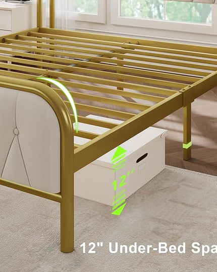 Feonase Queen Bed Frame with Type-C & USB Port, Metal Platform Beds, with Velvet Upholstered Headboard & Footboard, 12" Underbed Storage Space, Easy Assembly, Noise-Free, Gold&Beige - LeafyLoom