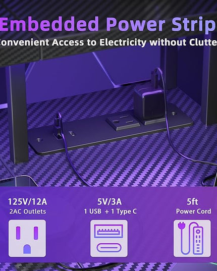 Gaming Desk with Power Outlets and LED Lights, 47 Inch L Shaped Computer Desk with Monitor Stand and Storage Shelves, Corner Desk Small Computer Table Desk for Home Office, Carbon Fiber Black - LeafyLoom