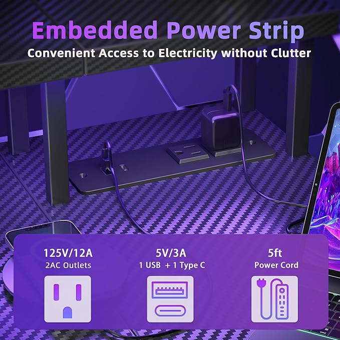 Gaming Desk with Power Outlets and LED Lights, 47 Inch L Shaped Computer Desk with Monitor Stand and Storage Shelves, Corner Desk Small Computer Table Desk for Home Office, Carbon Fiber Black - LeafyLoom