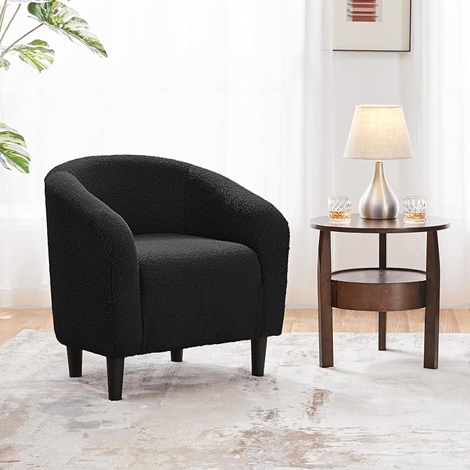 Yaheetech Accent Chair, Cozy Living Room Chairs with Soft Padded, Furry Sherpa Barrel Chair Sturdy Legs, Modern Armchair for Living Room Bedroom Reception Room Office Reading Room, Black - LeafyLoom
