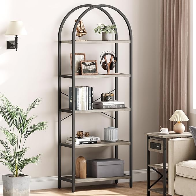 GAOMON 5 Tier Bookshelf Arched Bookcase Modern Standing Bookshelves Tall Display Racks Metal Book Shelf for Bedroom, Living Room, Home Office - LeafyLoom