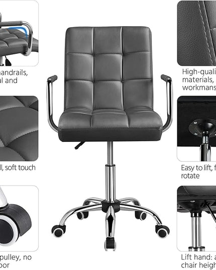 Yaheetech Mid Back Desk Chair, PU Leather Office Task Chair with Armrests/Large Seat, Adjustable Chair with Wheels, Grey - LeafyLoom