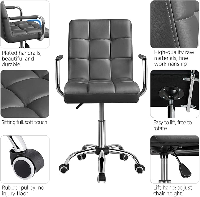 Yaheetech Mid Back Desk Chair, PU Leather Office Task Chair with Armrests/Large Seat, Adjustable Chair with Wheels, Grey - LeafyLoom