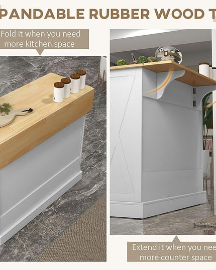 HOMCOM Rolling Kitchen Island with Drop Leaf Wood Breakfast Bar, Farmhouse Kitchen Cart with 2 Drawers, Adjustable Shelves for Dining Room, White - LeafyLoom