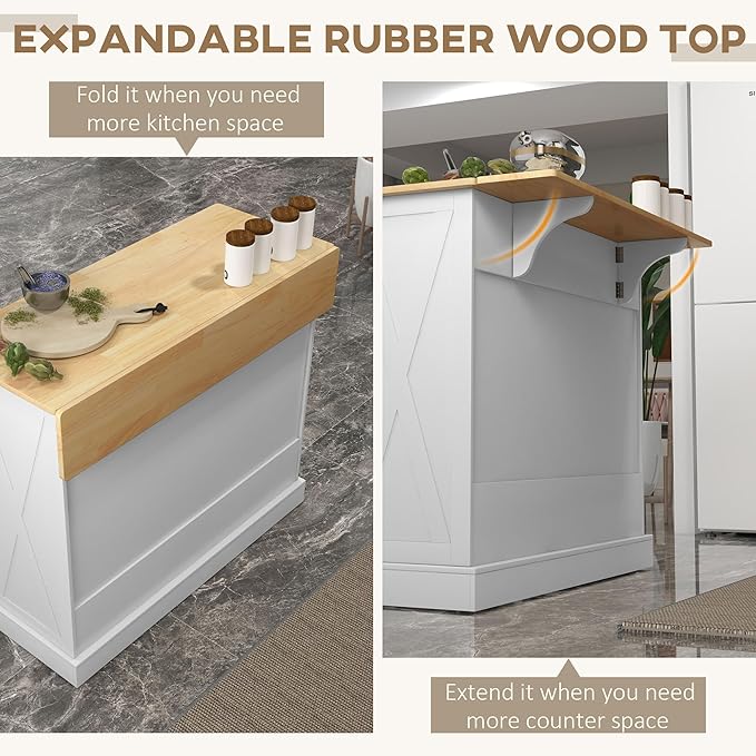 HOMCOM Rolling Kitchen Island with Drop Leaf Wood Breakfast Bar, Farmhouse Kitchen Cart with 2 Drawers, Adjustable Shelves for Dining Room, White - LeafyLoom