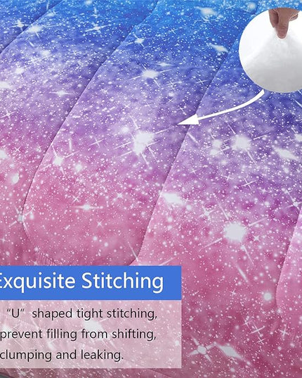 Rainbow Glitter Comforter Set Twin Size for Girls, Sparkle Galaxy Twinkle Starlight Comforter for Kids,2 Piece Aqua Blue Purple Pink Ombre Pastel Bedding Set with 1 Pillow Case(Rainbow,Twin) - LeafyLoom