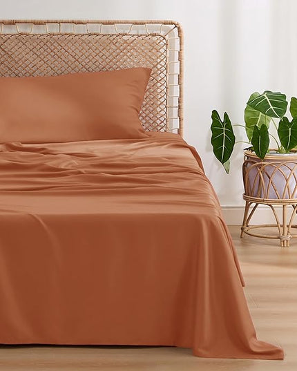 Bedsure Twin XL Sheet Set Dorm Bedding, Cooling Sheets Twin Extra Long Sheets, Rayon Derived from Bamboo, Deep Pocket Up to 16", Hotel Luxury Silky Bedding Sheets & Pillowcases, Burnt Orange - LeafyLoom