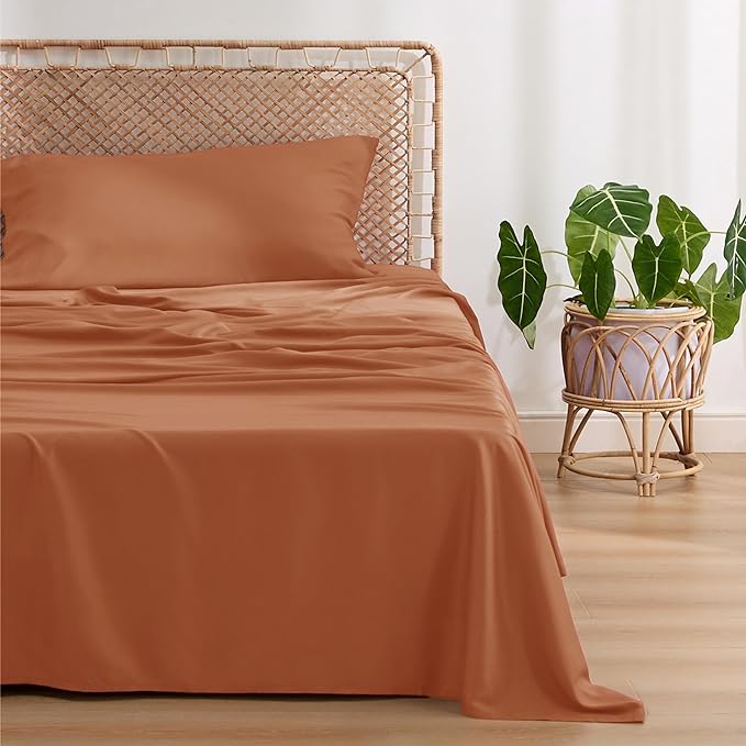 Bedsure Twin XL Sheet Set Dorm Bedding, Cooling Sheets Twin Extra Long Sheets, Rayon Derived from Bamboo, Deep Pocket Up to 16", Hotel Luxury Silky Bedding Sheets & Pillowcases, Burnt Orange - LeafyLoom