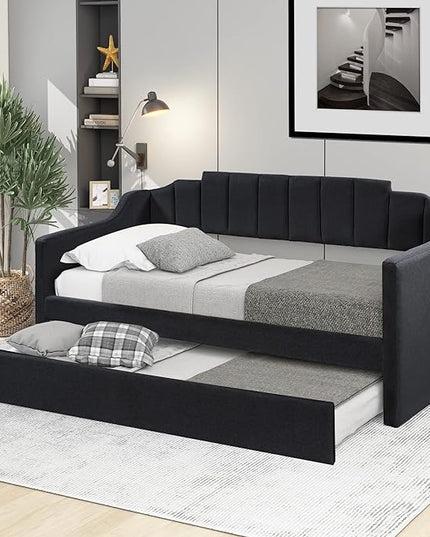 Moden Upholstered Twin Daybed with Trundle, Twin Size Sofa Bed Wood Bed Frame for Bedroom Living Room, No Box Spring Needed, Black - LeafyLoom