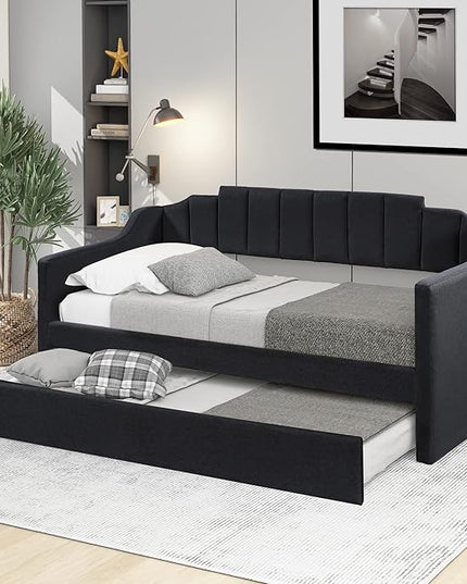 Twin Size Upholstered Daybed with Trundle, Twin Sofa Bed Day Bed for Living Room Bedroom Guest Room, Ideal Bed Frame for Home, No Box Spring Needed, Black - LeafyLoom