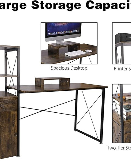 Becko US Computer Desk 63 Inch with Drawer & Storage Shelves, Home Office Desk with Removable Monitor Stand, Writing Gaming Table for Home Office (Rustic Brown) - LeafyLoom