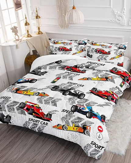 Axolotl Racing Car Comforter Set Twin Size,Extreme Sports Boys Bedding Set for Boys Teens Girls Car Racing Gifts,Race Cars Quilt Bed Set with 1 Comforter 2 Pillowcases,Multi Color - LeafyLoom