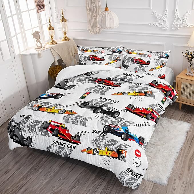 Axolotl Racing Car Comforter Set Full Size,Extreme Sports Boys Bedding Set for Boys Teens Girls Car Racing Gifts,Race Cars Quilt Bed Set with 1 Comforter 2 Pillowcases,Multi Color - LeafyLoom