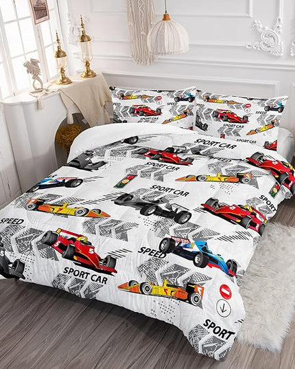Axolotl Racing Car Comforter Set Queen Size,Extreme Sports Boys Bedding Set for Boys Teens Girls Car Racing Gifts,Race Cars Quilt Bed Set with 1 Comforter 2 Pillowcases,Multi Color - LeafyLoom