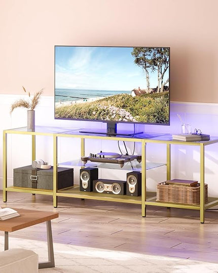 HOOBRO TV Stand with LED Lights and Power Outlets for TVs up to 75", Modern 63 Inch Tempered Glass TV Console Table with Open Shelves, Media Entertainment Center for Living Room, Gold GD165UDS01 - LeafyLoom