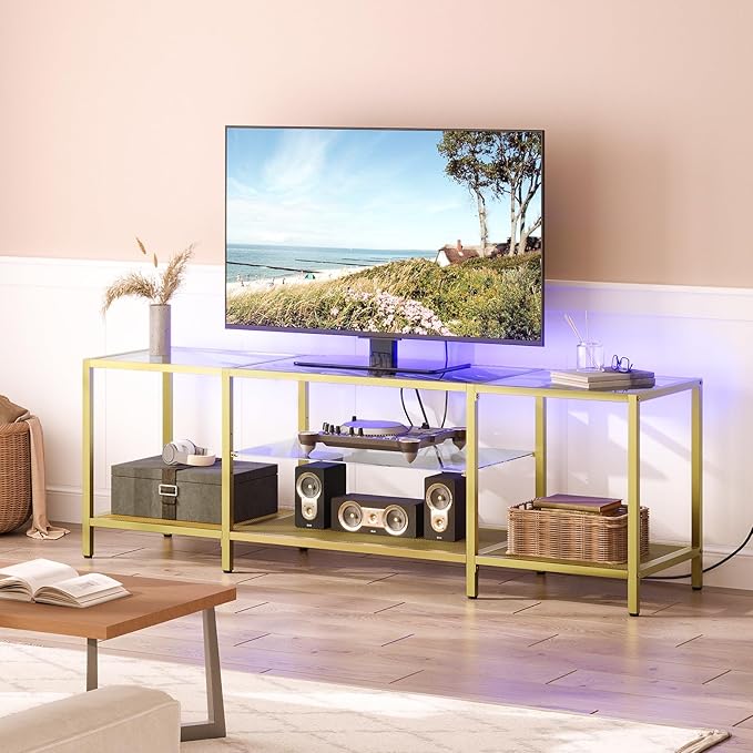 HOOBRO TV Stand with LED Lights and Power Outlets for TVs up to 75", Modern 63 Inch Tempered Glass TV Console Table with Open Shelves, Media Entertainment Center for Living Room, Gold GD165UDS01 - LeafyLoom