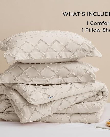 Bedsure Twin XL Comforter Set - Beige Twin Extra Long Comforter Set for College, Shabby Chic Dorm Bedding Set, 2 Pieces Boho Farmhouse Bed Set, includes 1 Pillow Sham - LeafyLoom