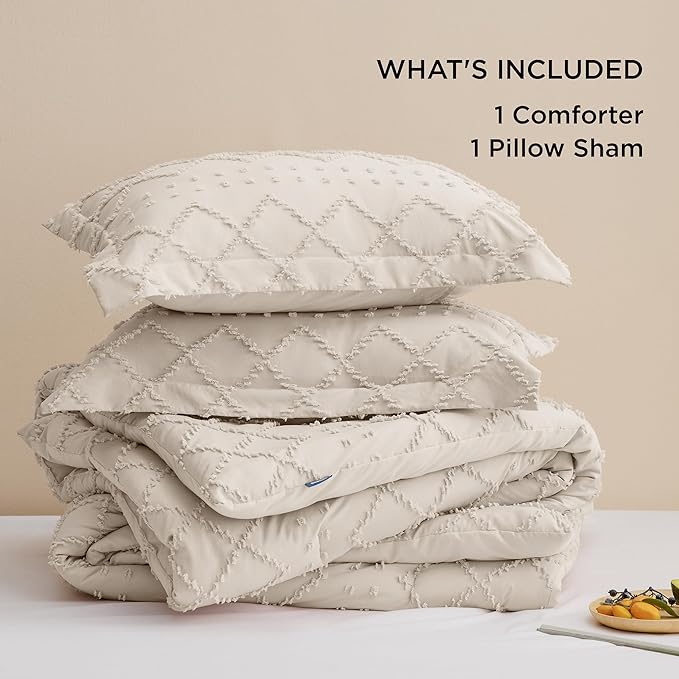 Bedsure Twin XL Comforter Set - Beige Twin Extra Long Comforter Set for College, Shabby Chic Dorm Bedding Set, 2 Pieces Boho Farmhouse Bed Set, includes 1 Pillow Sham - LeafyLoom