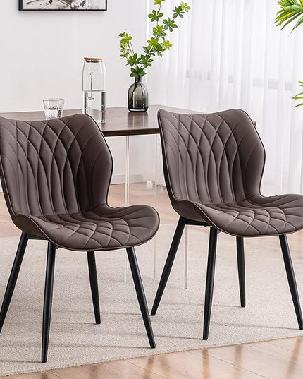 YOUNIKE Dining Chairs Set of 2, Upholstered Leather Dining Room Chairs, Modern Kitchen Chairs Living Room Bedroom Side Chairs with Wide Curved Back and Adjustable Metal Legs, Espresso Brown - LeafyLoom